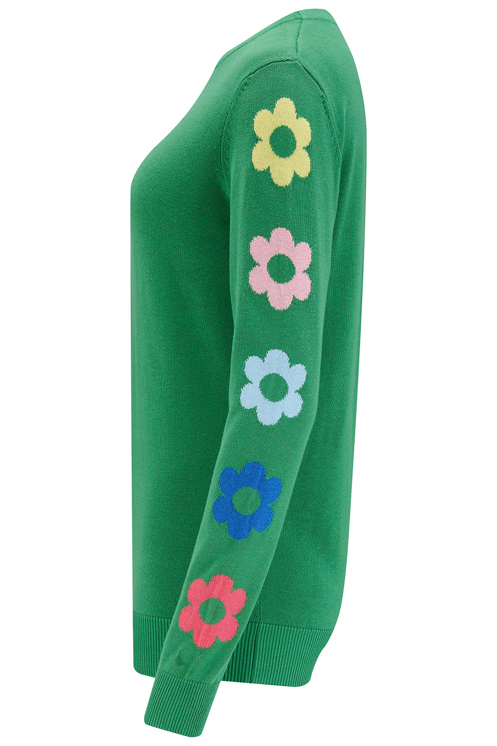 Sugarhill Brighton green jumper with flower motifs on the sleeves.