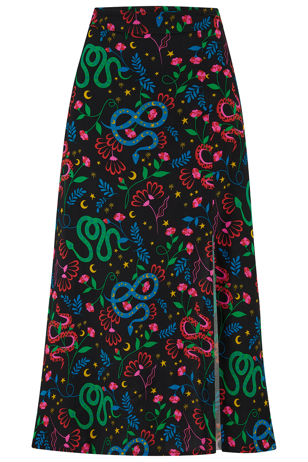 Colorful snake and floral patterned skirt on a black background