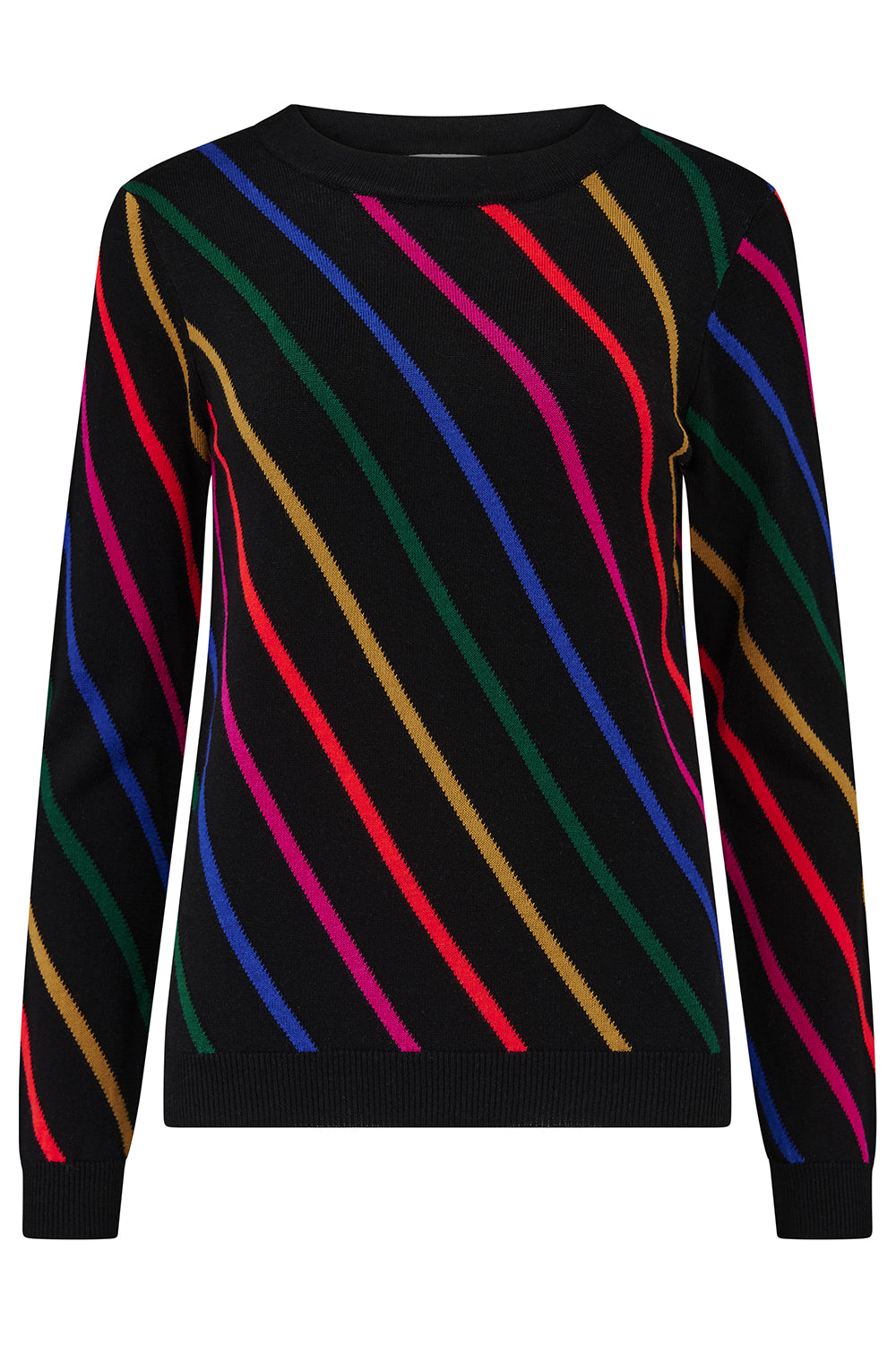 Black sweater with colorful diagonal stripes on a white background