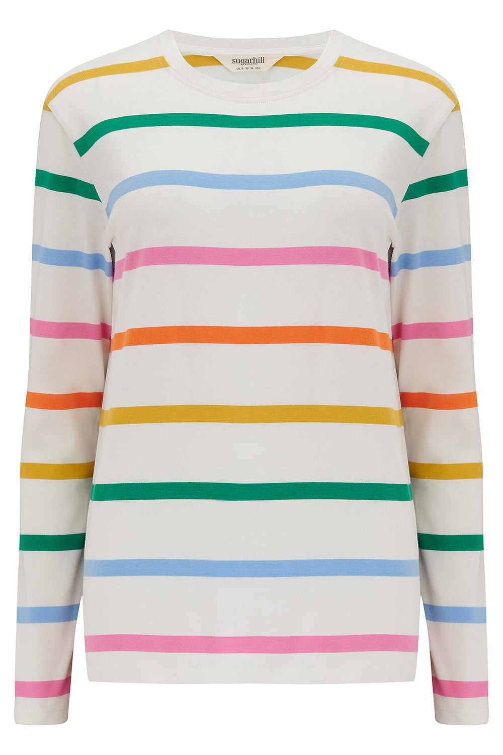 An off-white long-sleeve t-shirt with a thin rainbow stripe pattern over an off-white base, paired with jeans.