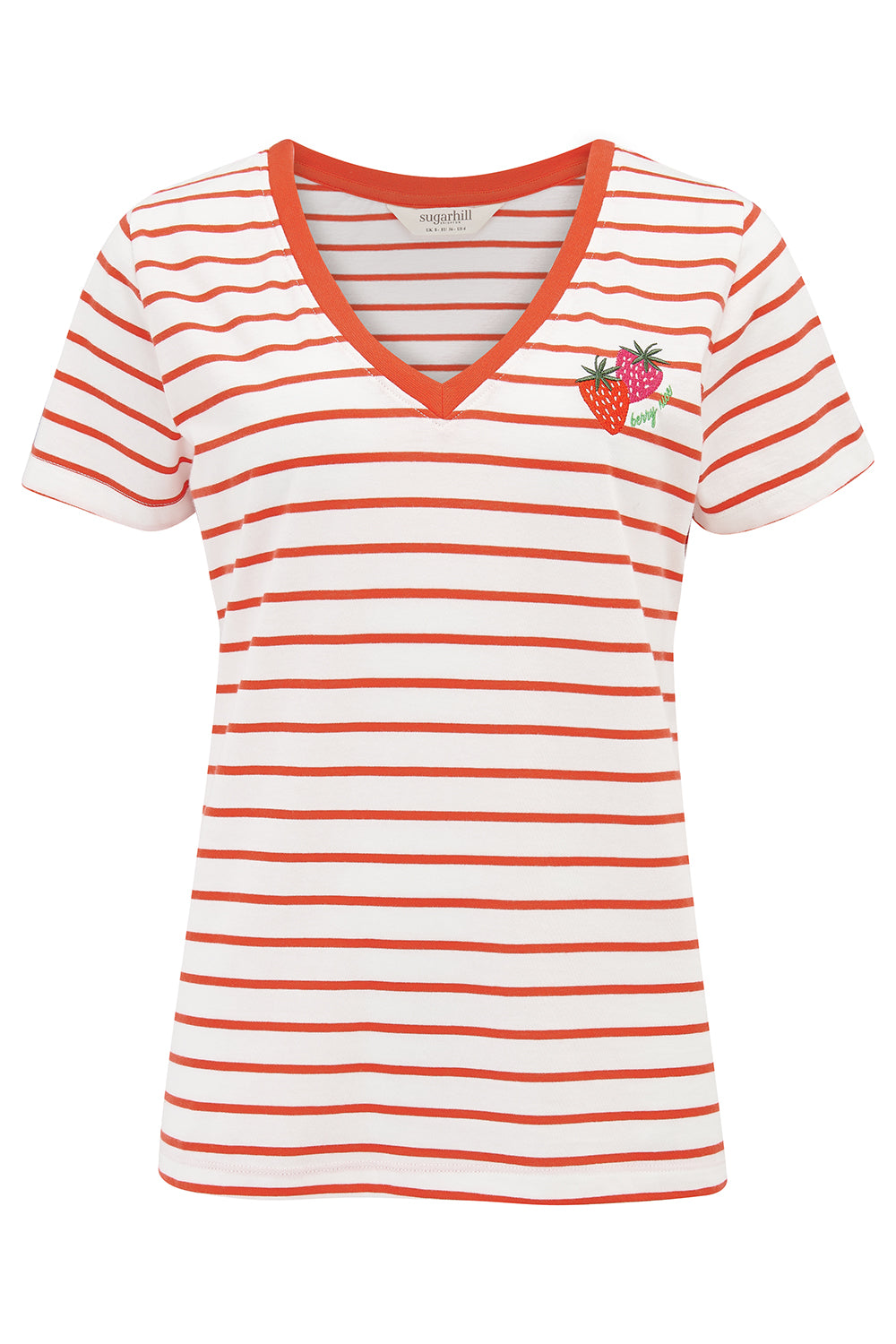Striped t-shirt with a small design on a white background