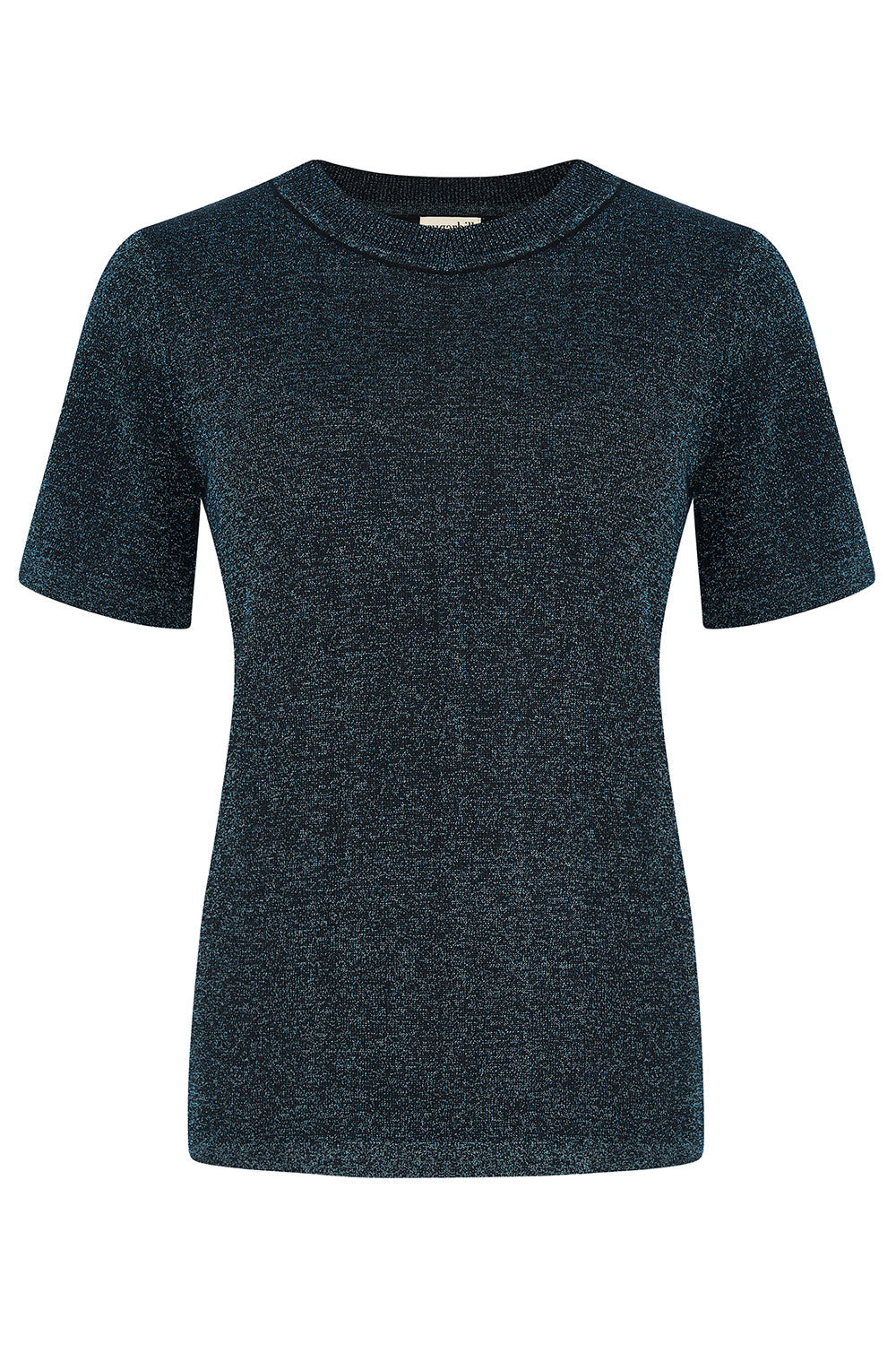 A short-sleeve crewneck knit top in a dark heathered navy blue color, shown against a plain white background.