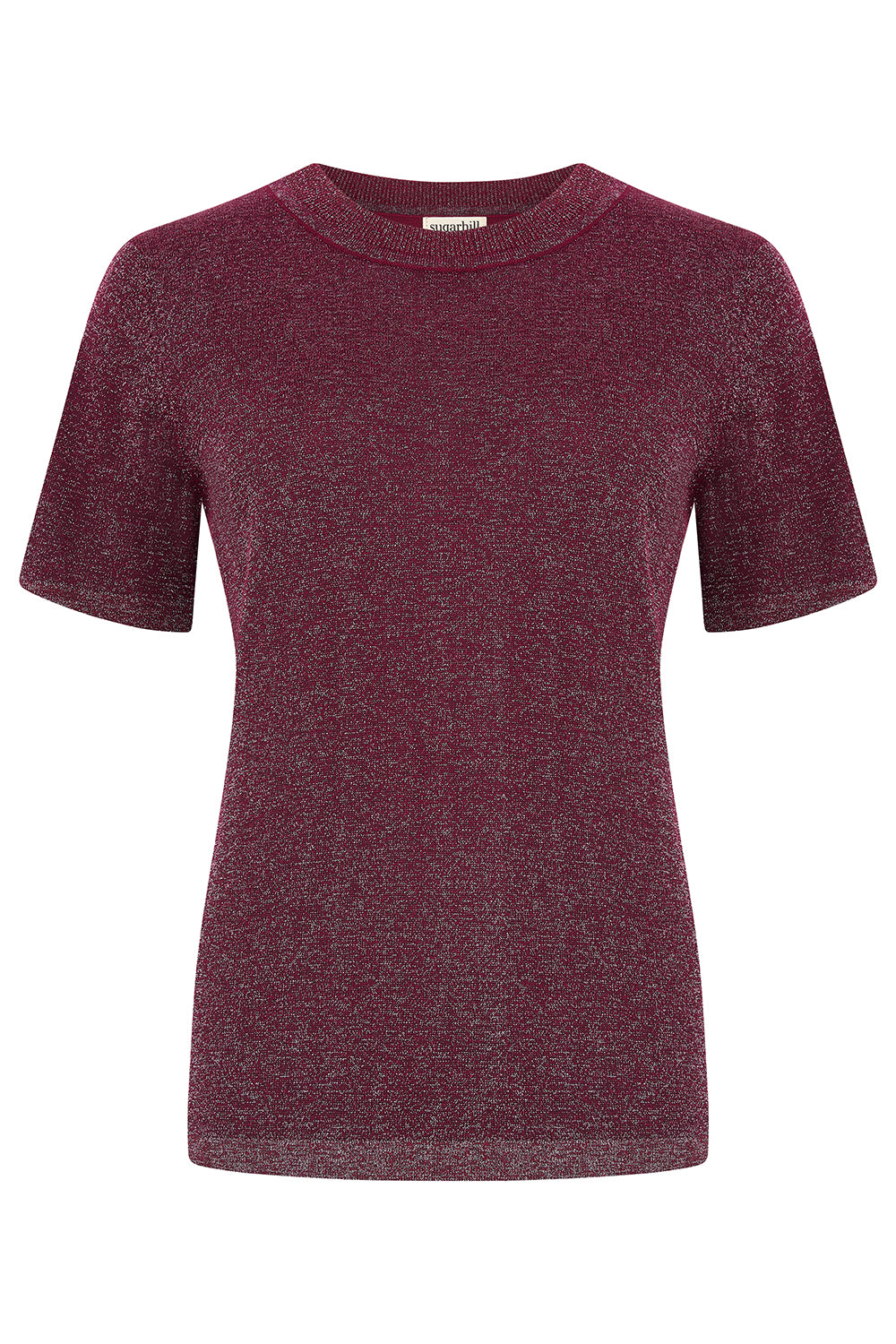 A short-sleeve crewneck knit top in a heathered burgundy color, displayed on a clean white background.
