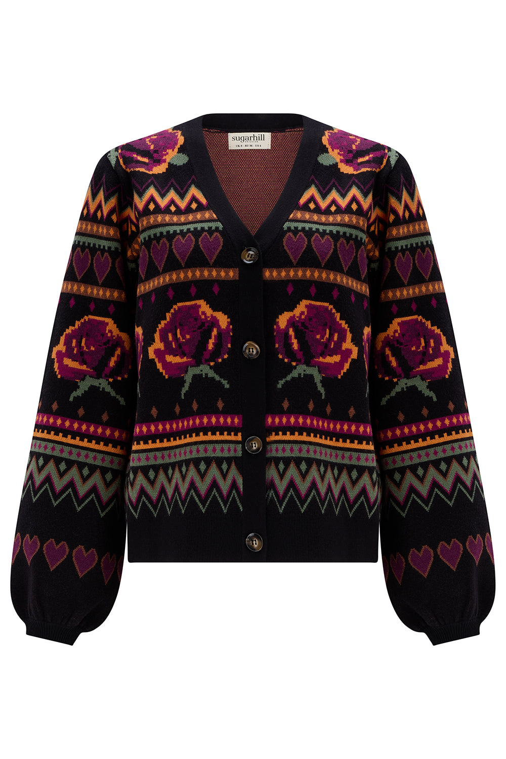 Black cardigan with colorful floral pattern on a white background