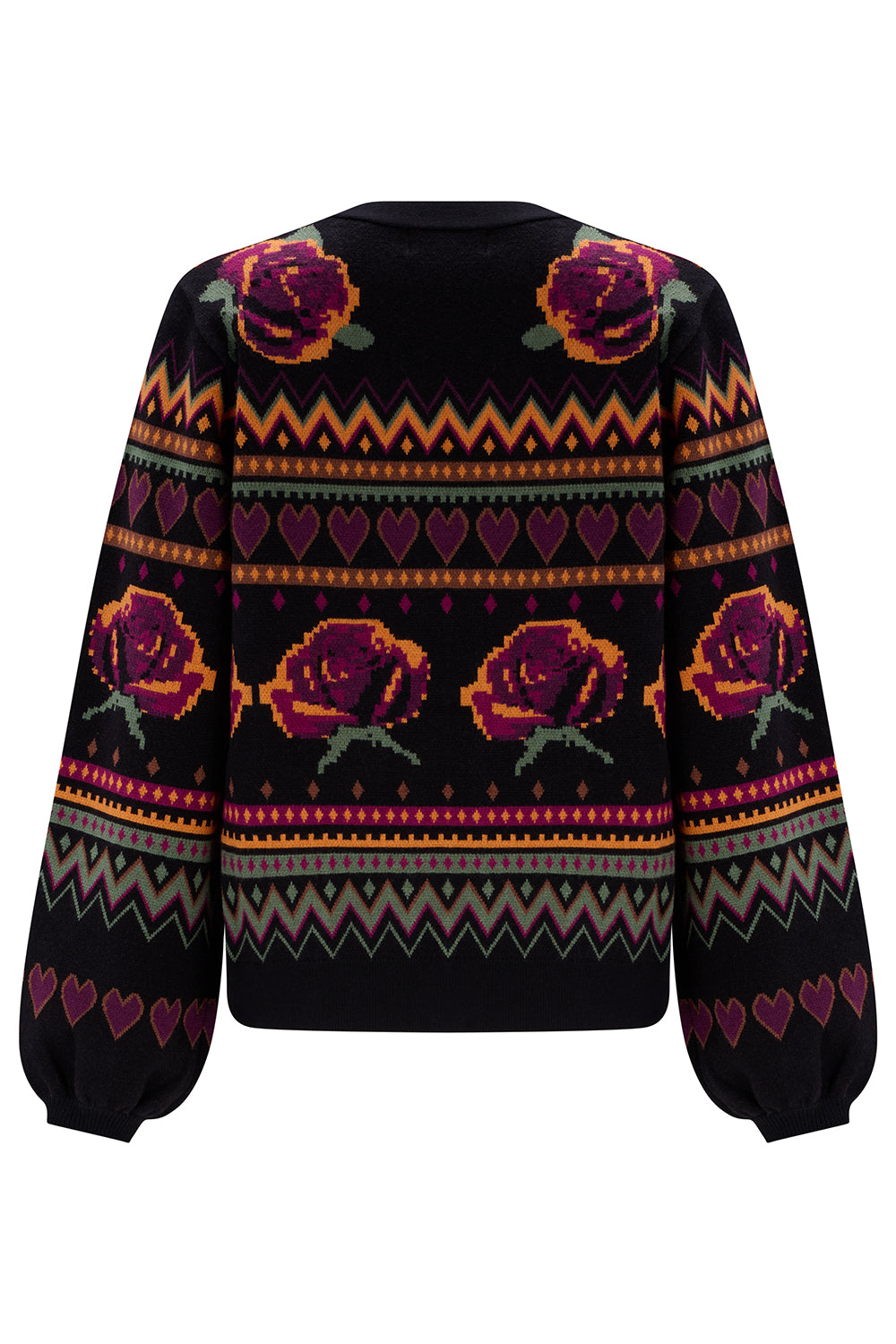 Black sweater with colorful rose and heart pattern on a white background