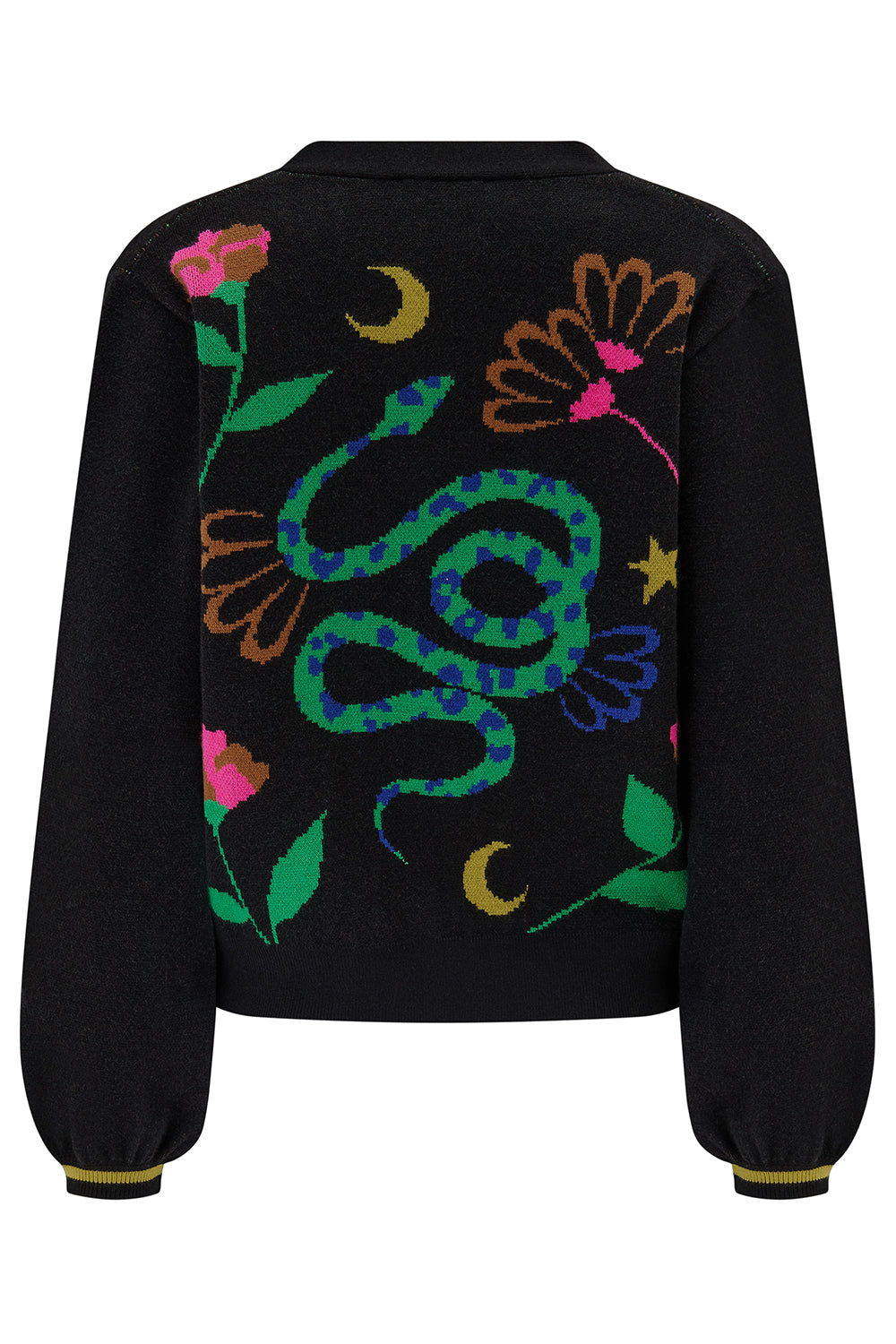 Black jacket with colorful snake and floral design on a white background
