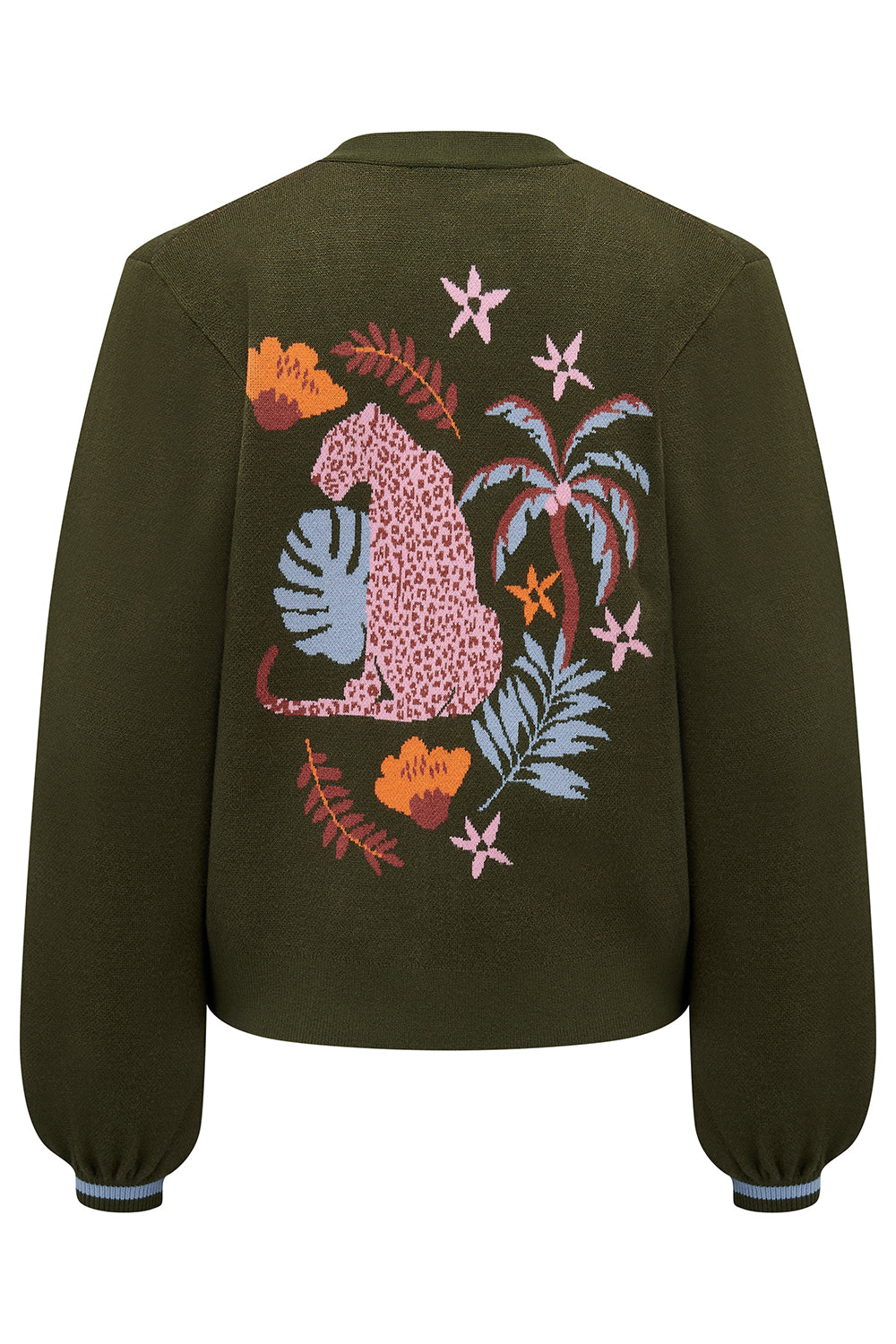 Green jacket with colorful leopard and floral design on the back against a white background