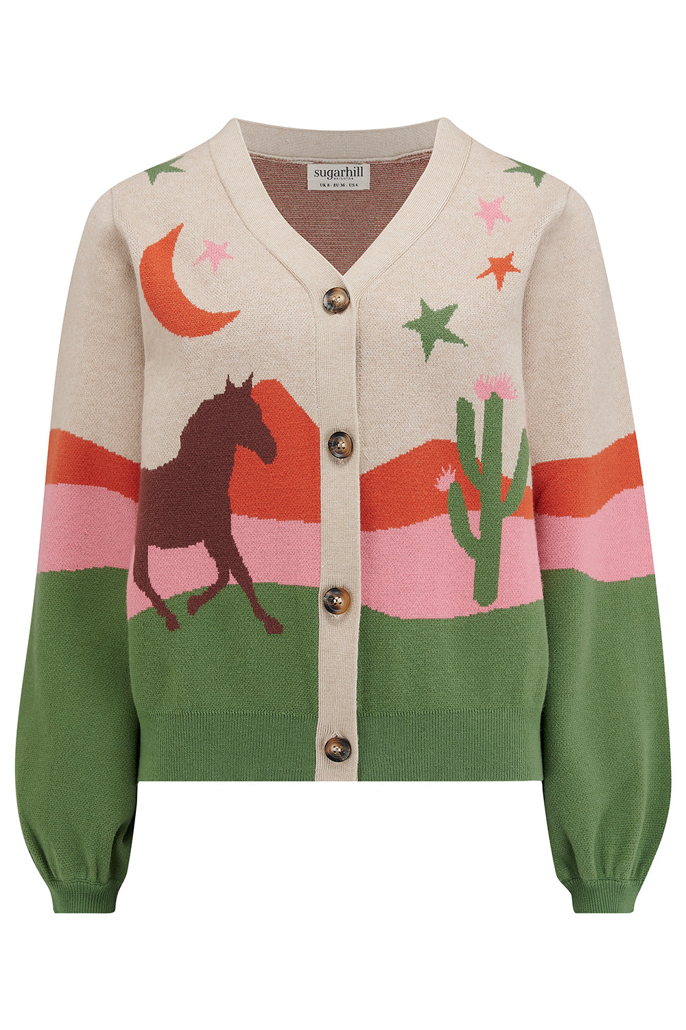 Sugarhill Brighton beige cardigan with a cowgirl-themed graphic design, including images of cacti, cowboy hats, and horses.