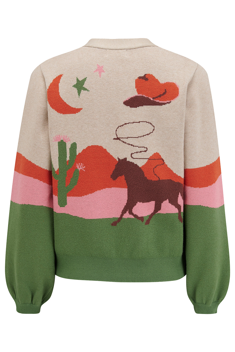 Sugarhill Brighton beige cardigan with a cowgirl-themed graphic design, including images of cacti, cowboy hats, and horses.