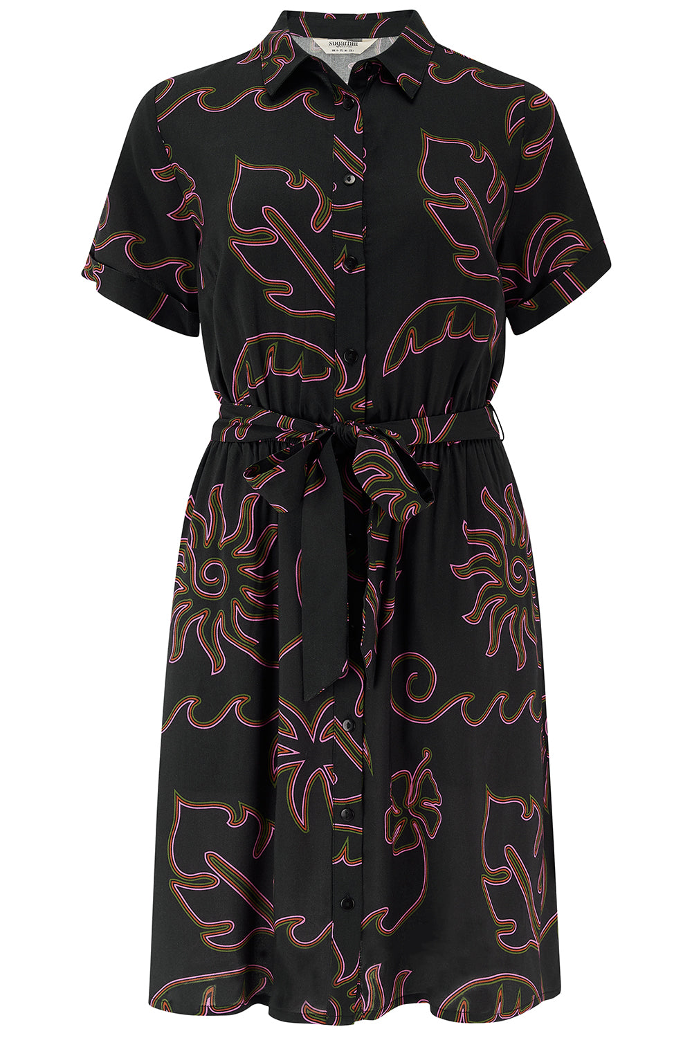 Black dress with pink floral pattern on a white background