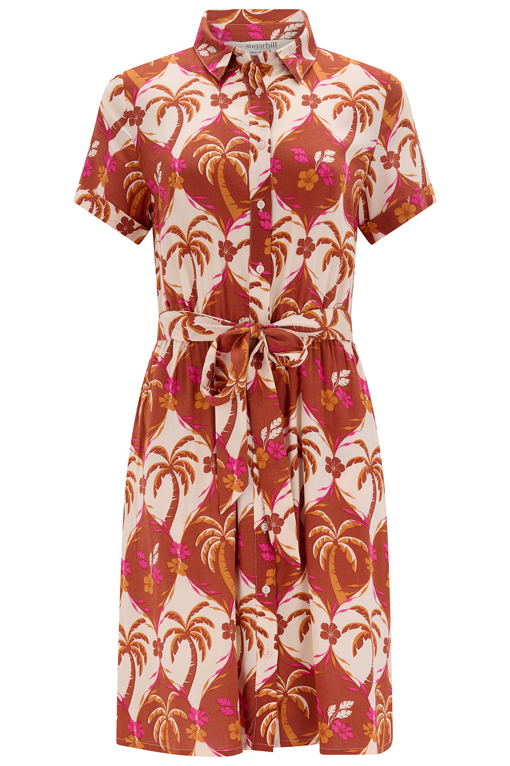 Patterned dress with palm tree design on a white background