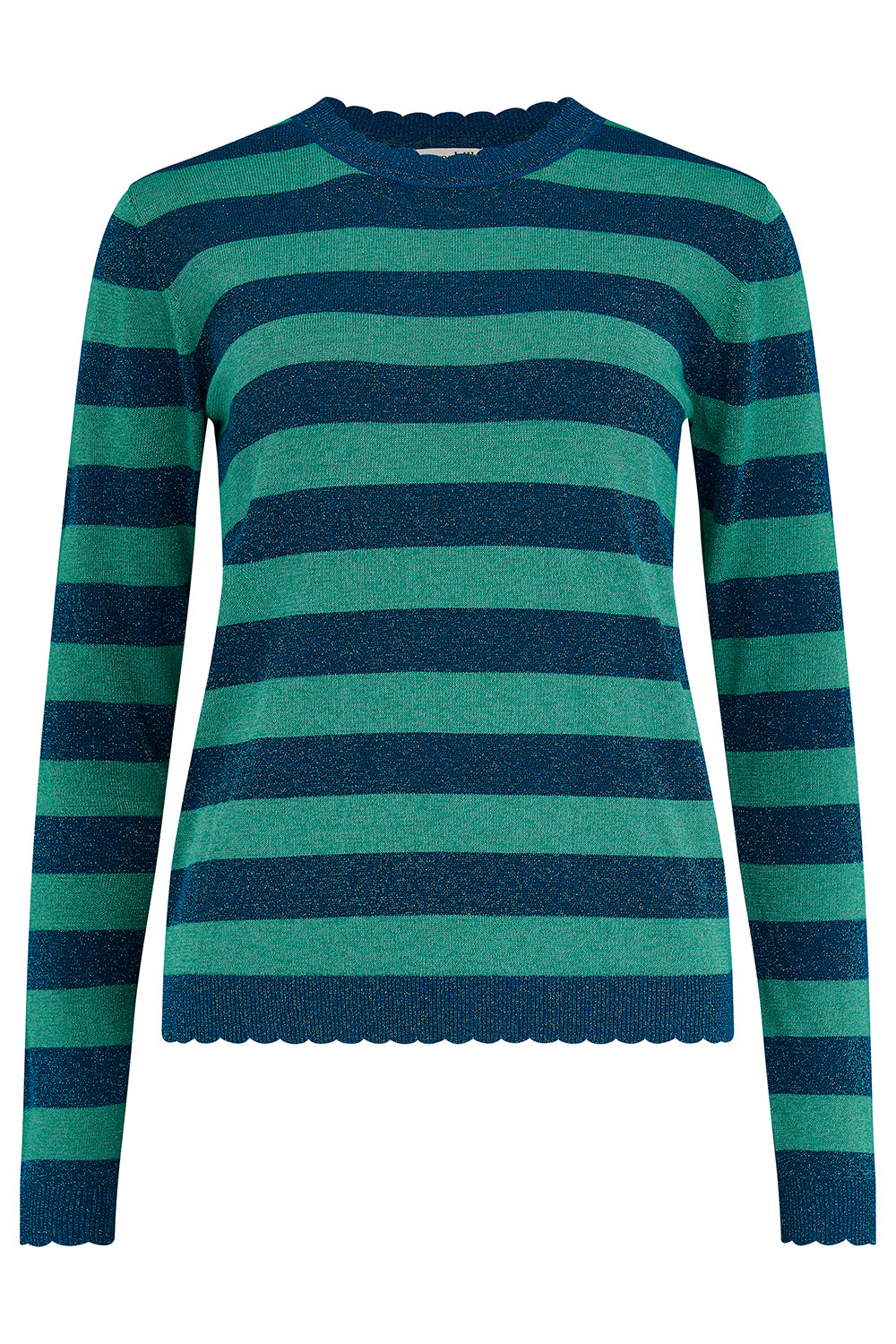 Green and blue striped sweater on a white background