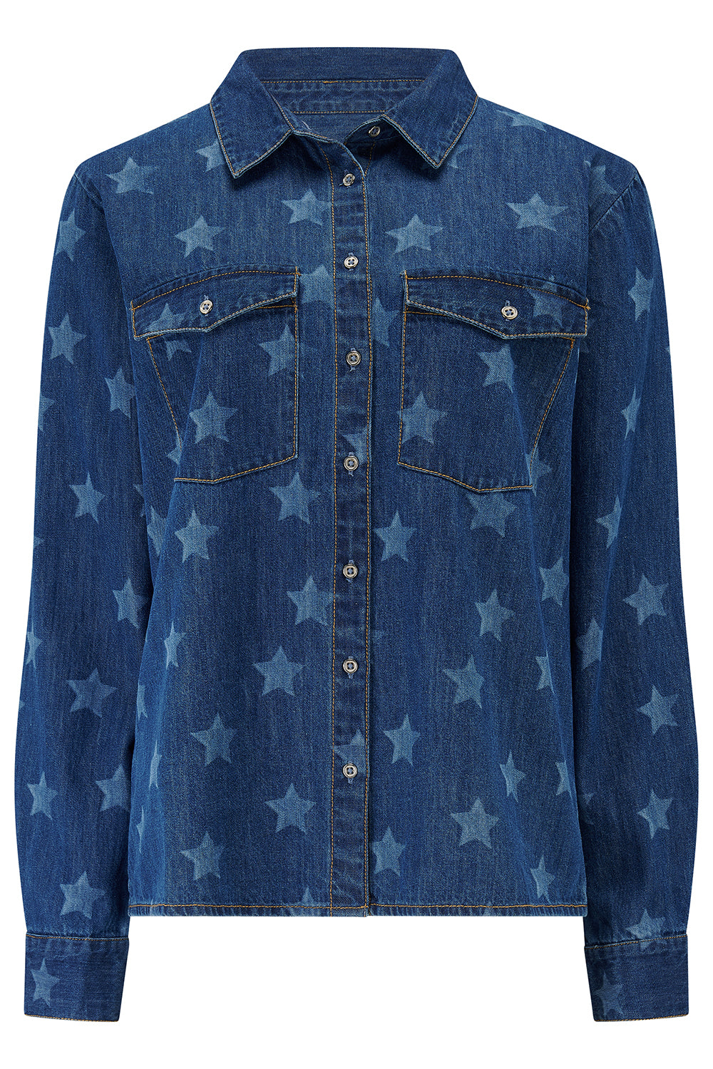 Blue denim shirt with star pattern on a white background