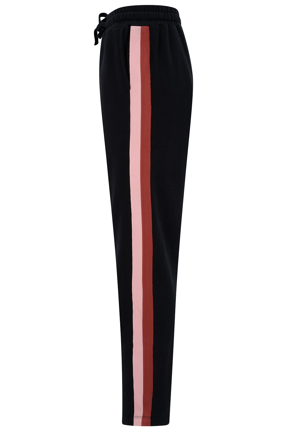 Black jogger pants with a red stripe on a white background