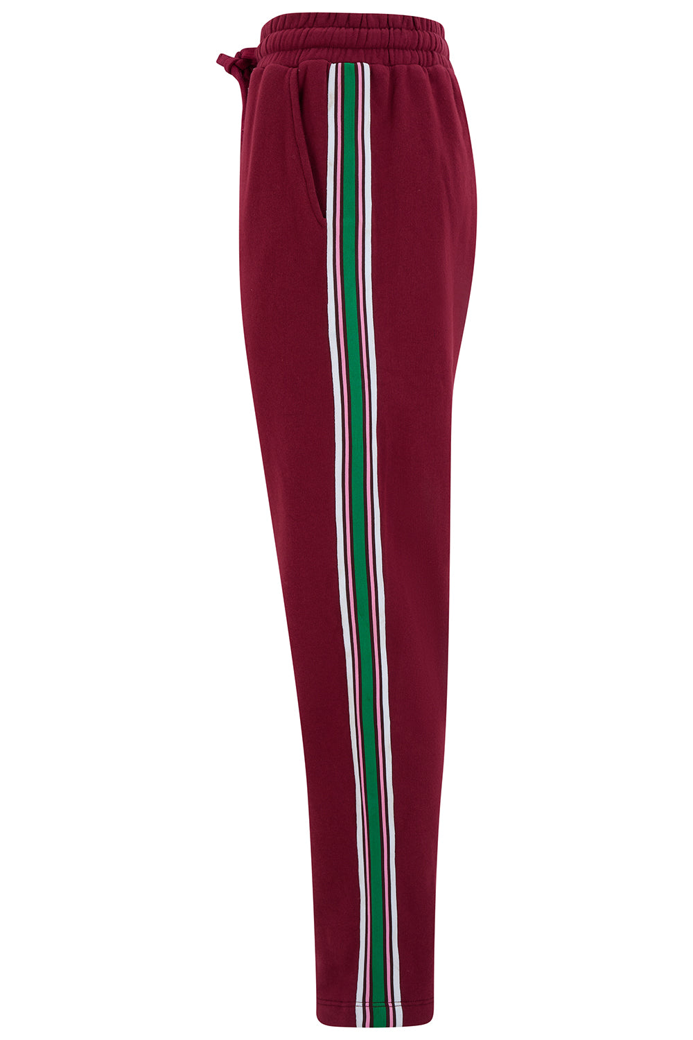 Maroon sweatpants with green and white stripes on a white background