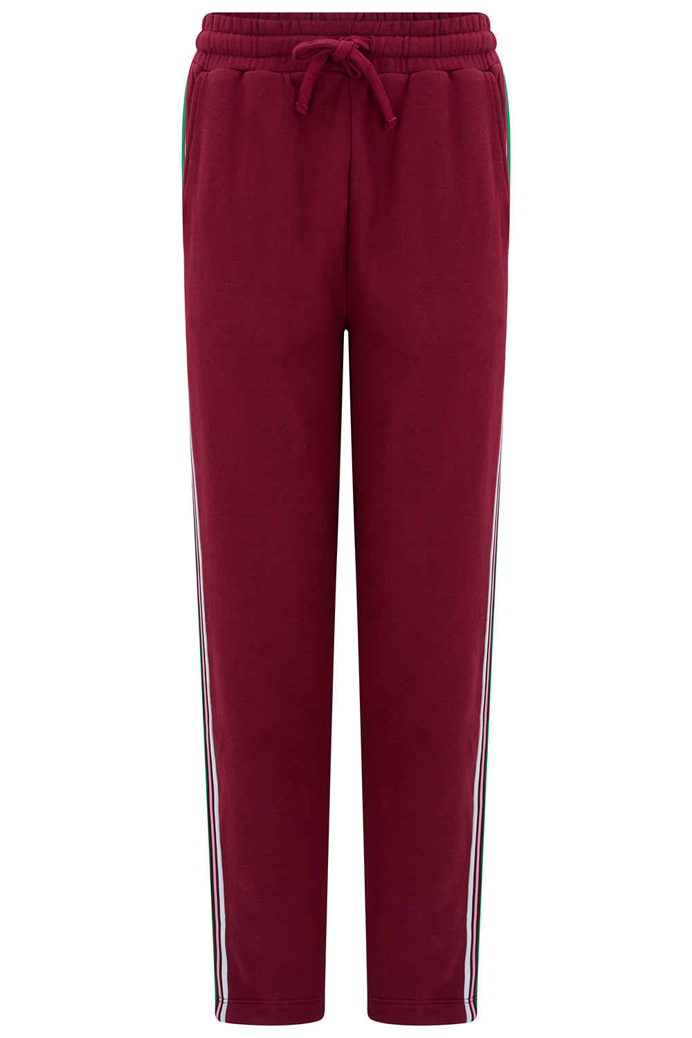 Maroon sweatpants with a drawstring on a white background