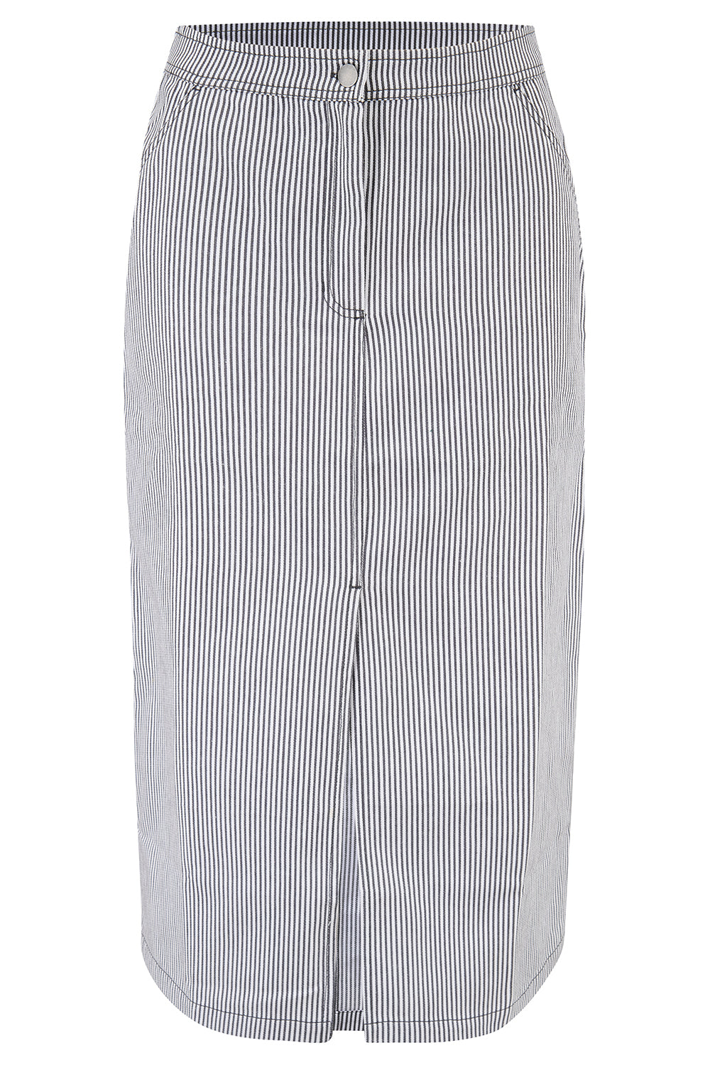 A fitted A-line midi skirt with monochrome stripes.