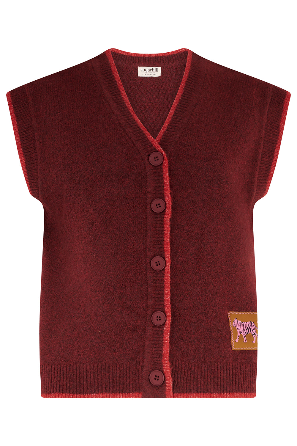 Red sleeveless cardigan with buttons on a white background