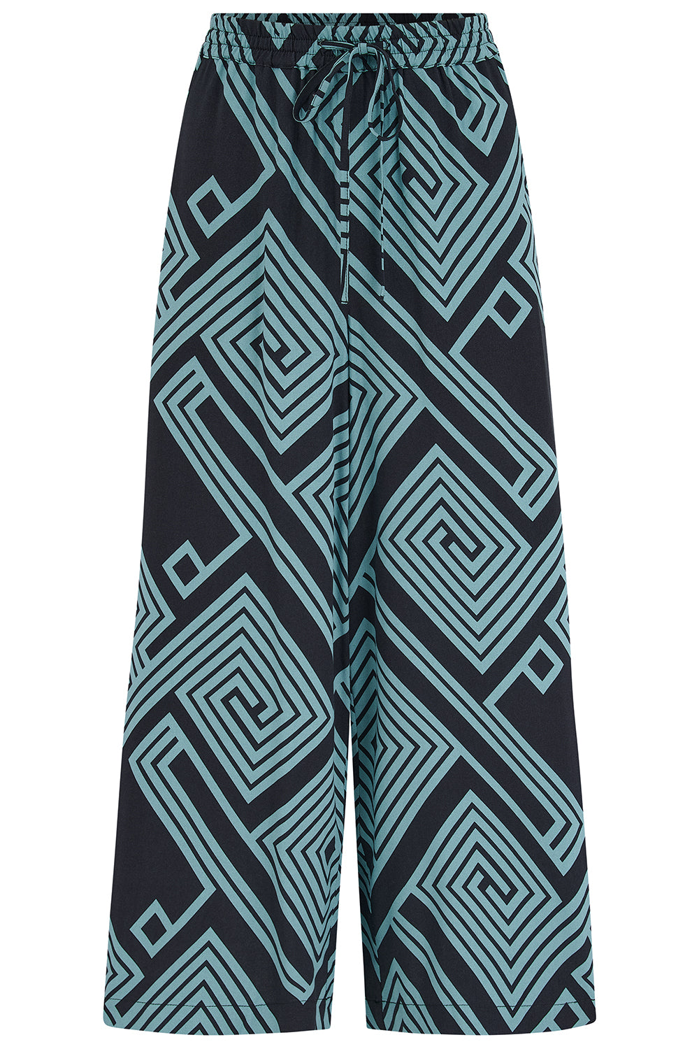 Black pants with blue geometric pattern on a white background