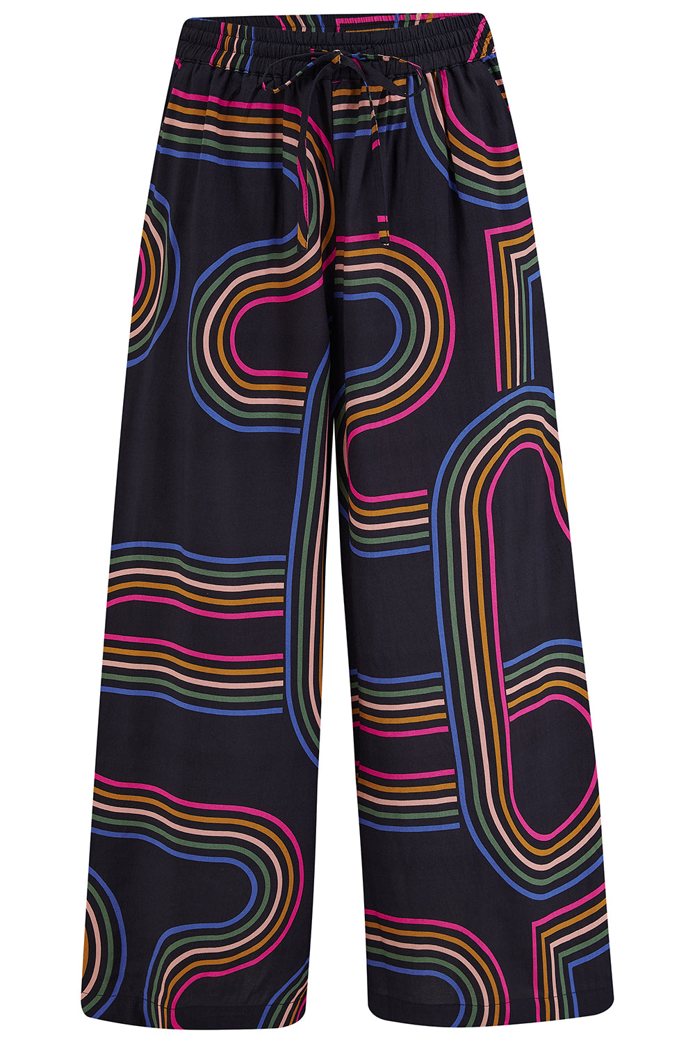 A model wearing black cropped wide-leg trousers with a geometric multicolour pattern, paired with a black tank top.