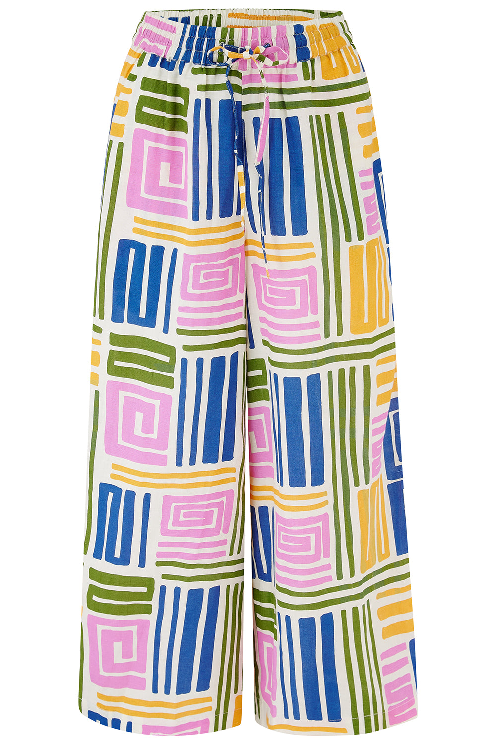 Colorful patterned pants on a white background