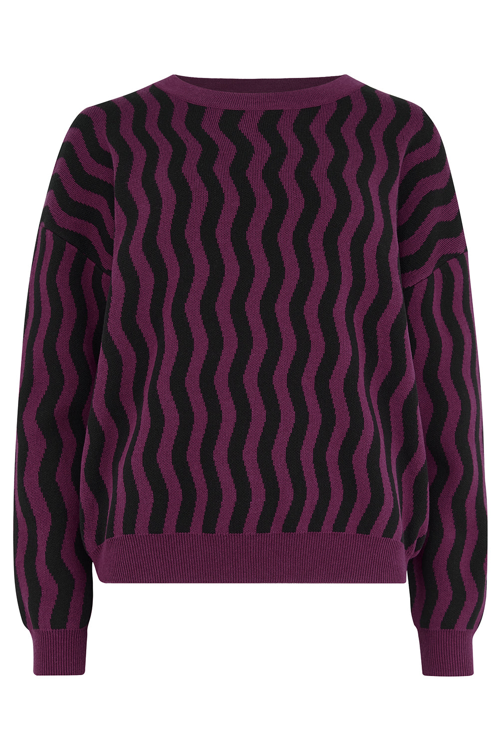 A long-sleeve crewneck sweater featuring a wavy vertical stripe pattern in deep purple and black, shown against a plain white background.