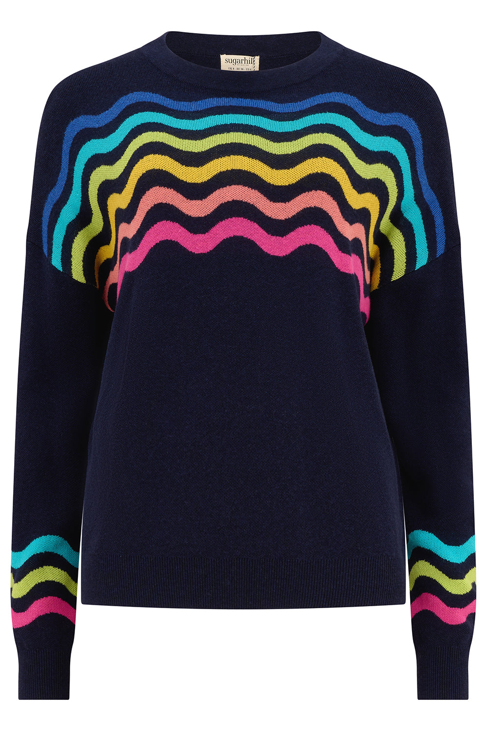Navy sweater with colorful wavy pattern on a white background