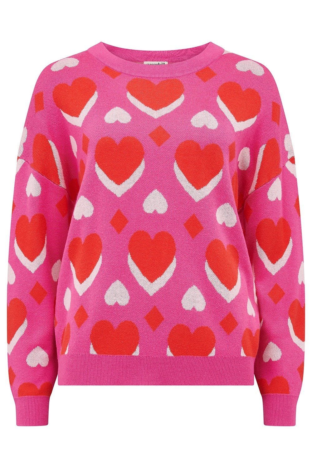 Pink sweater with red heart pattern on a white background