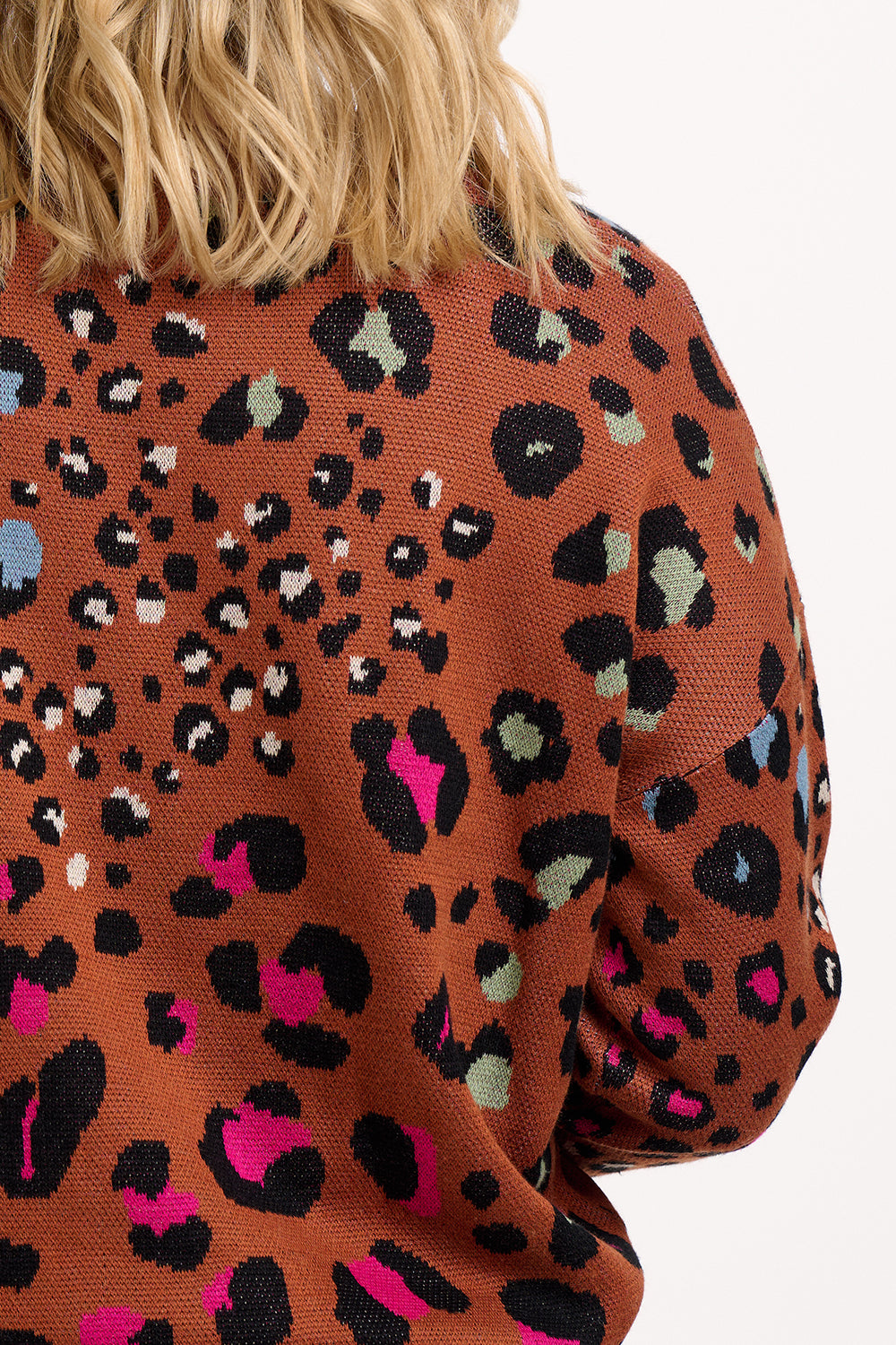 Close-up of a brown sweater with a leopard print pattern.
