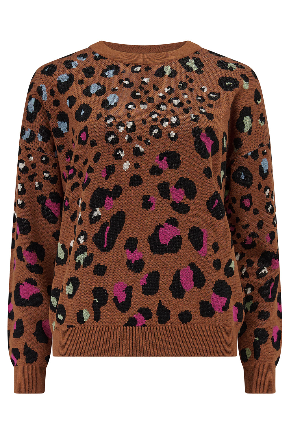 Brown sweater with multicolor leopard print on a white background