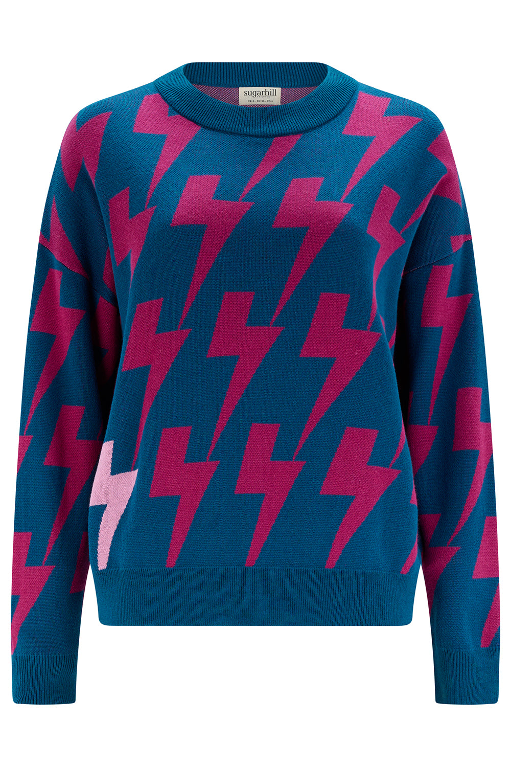 Blue sweater with pink lightning bolt pattern on a white background
