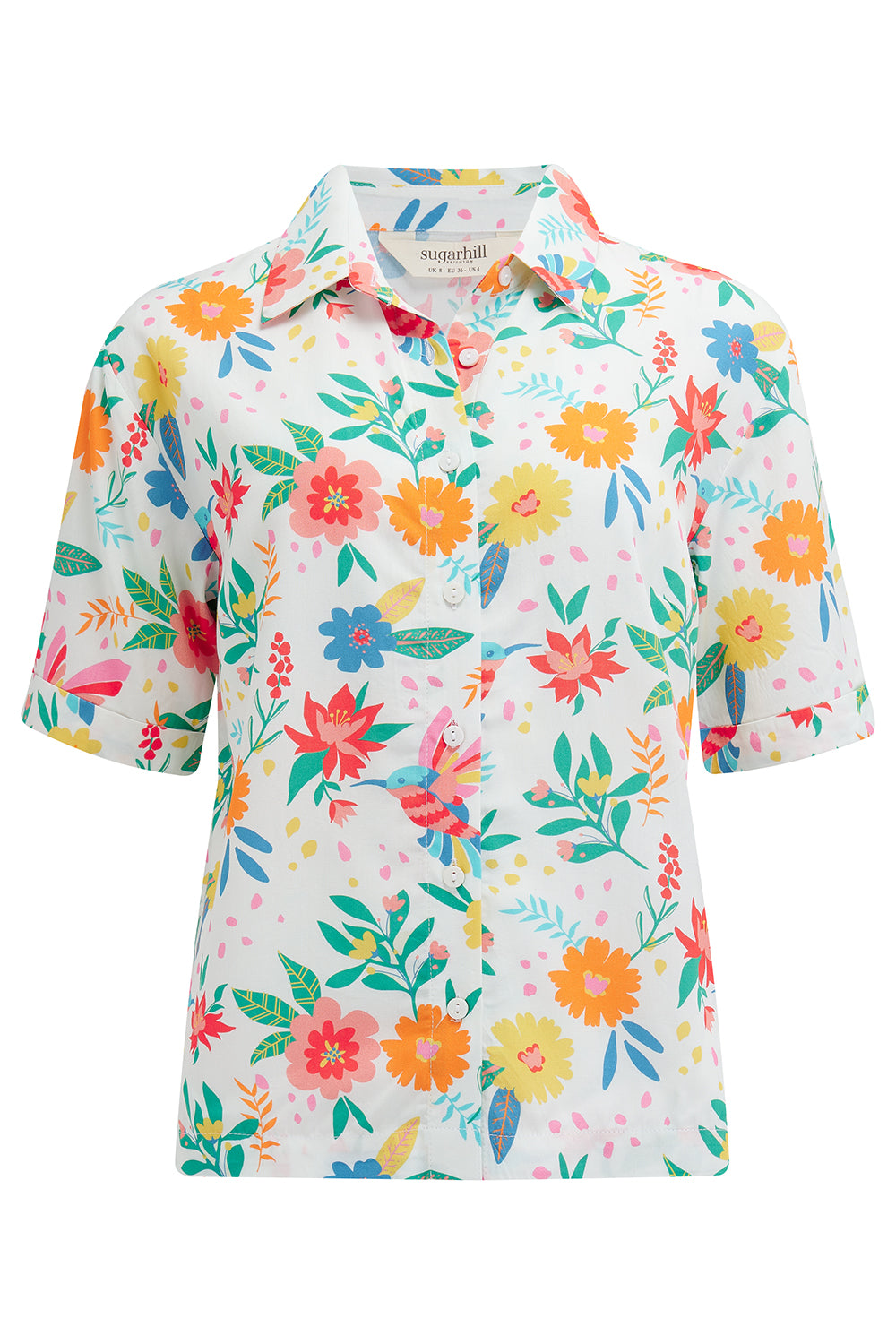 An off-white shirt with a tropical hummingbird print, short sleeves, and rolled-up cuffs.