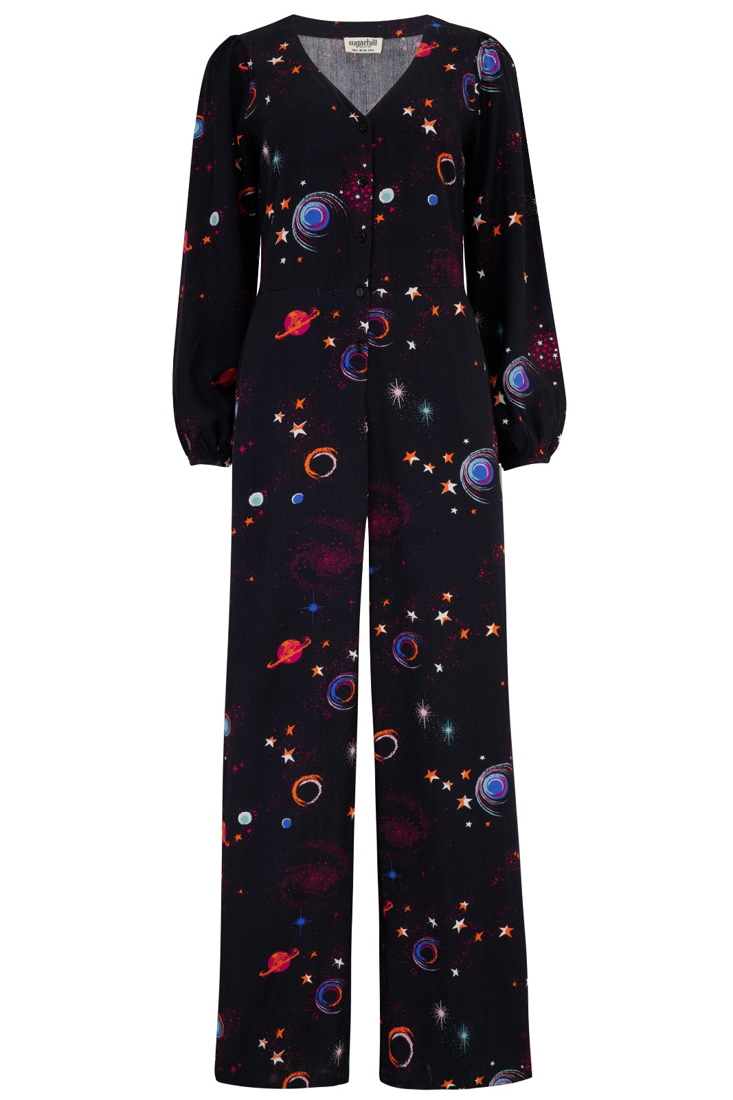 Black jumpsuit with colorful space-themed print on a white background
