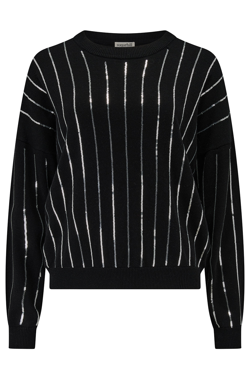 Black sweater with white vertical stripes on a white background