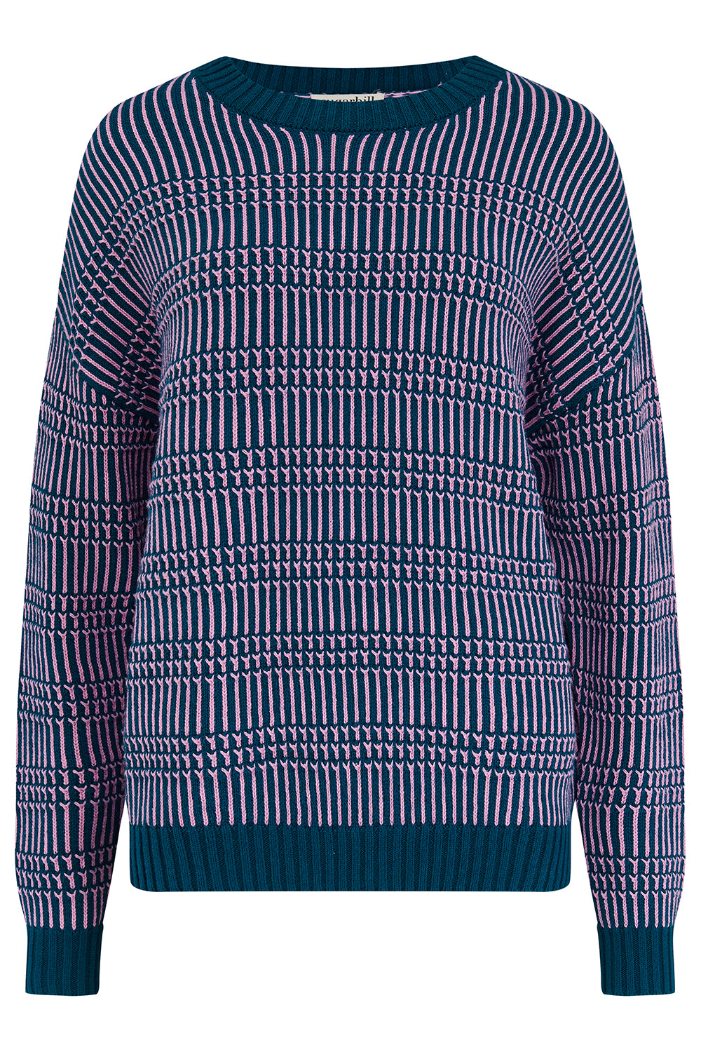 Blue and white patterned sweater on a white background