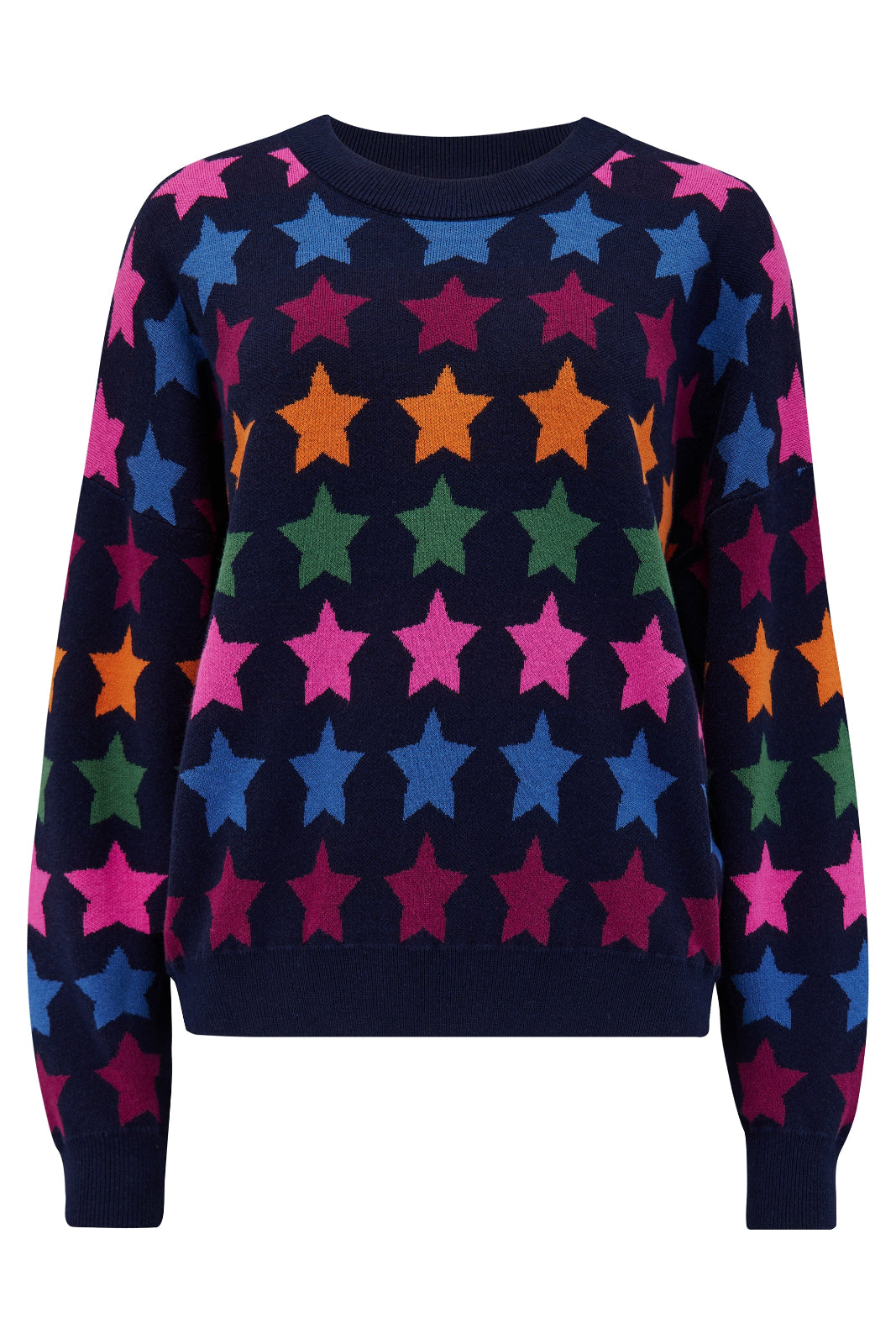 A multicolored star-patterned jumper with a round neckline and long sleeves.