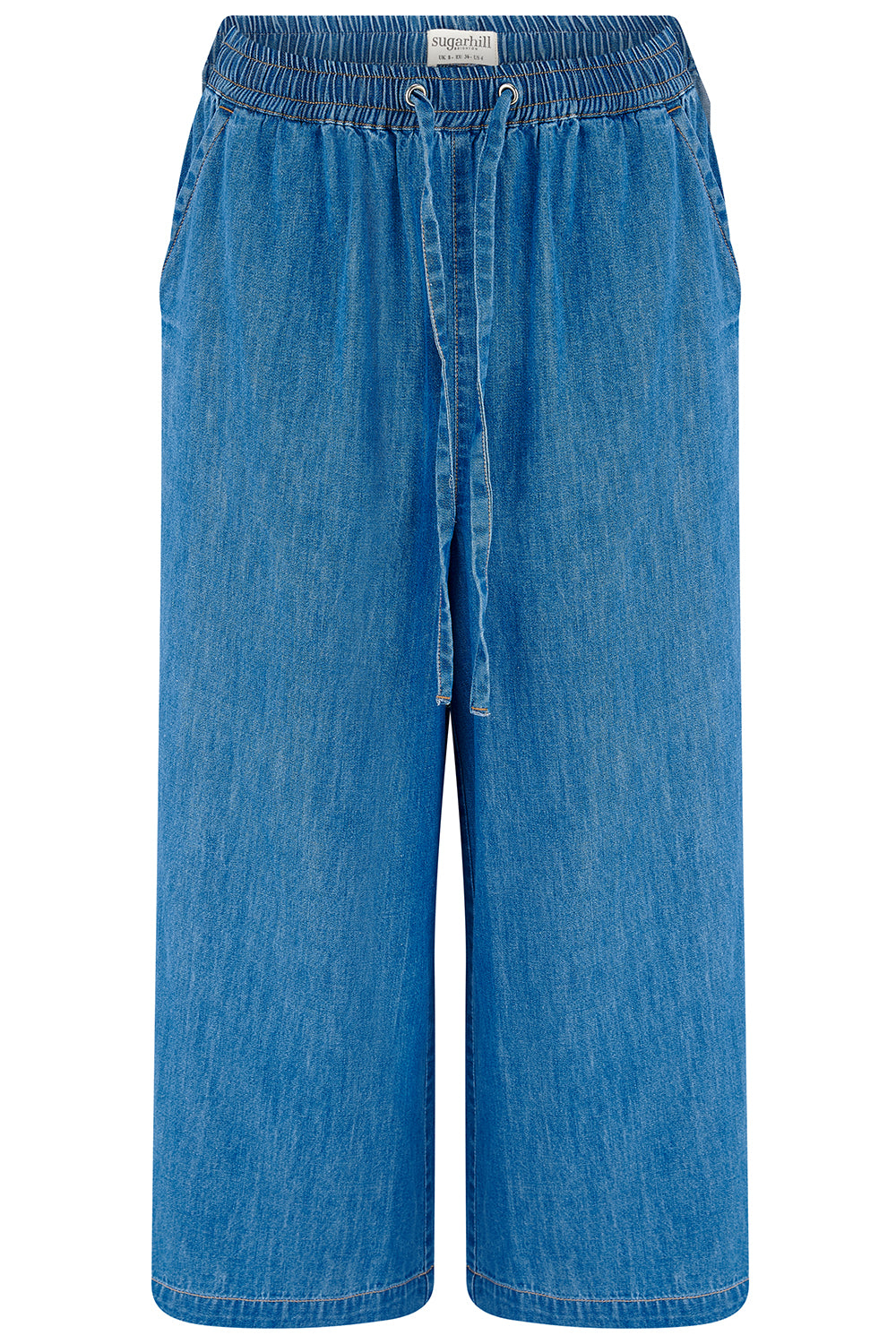 Blue denim wide-leg pants on a white background