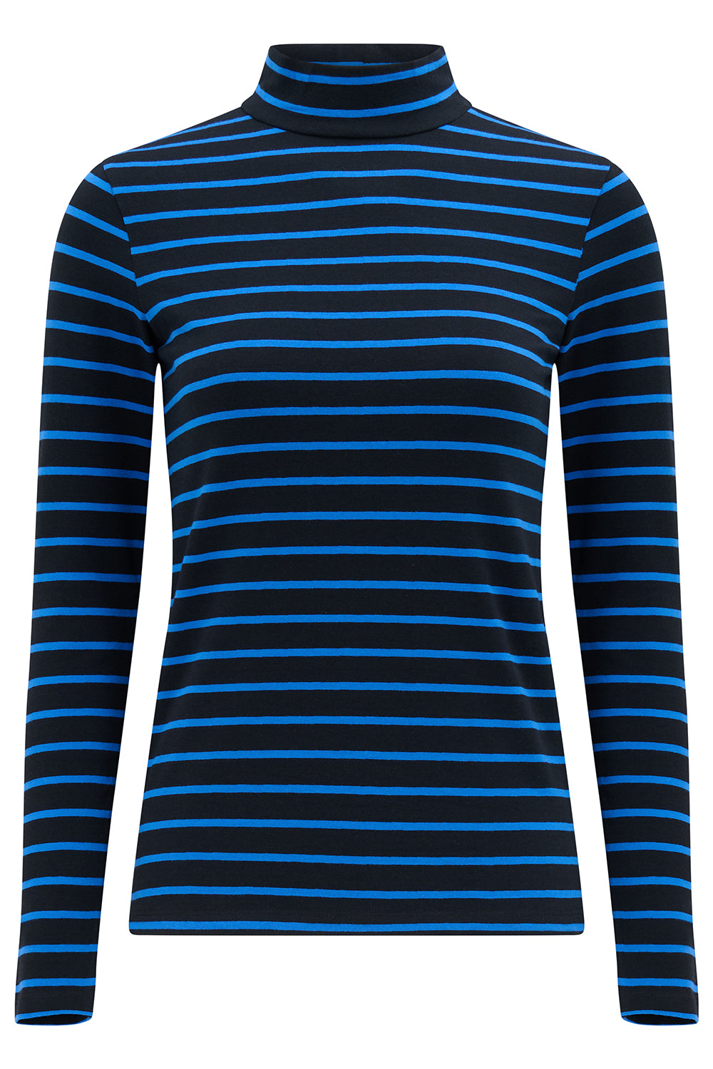 Blue and black striped turtleneck sweater on a white background