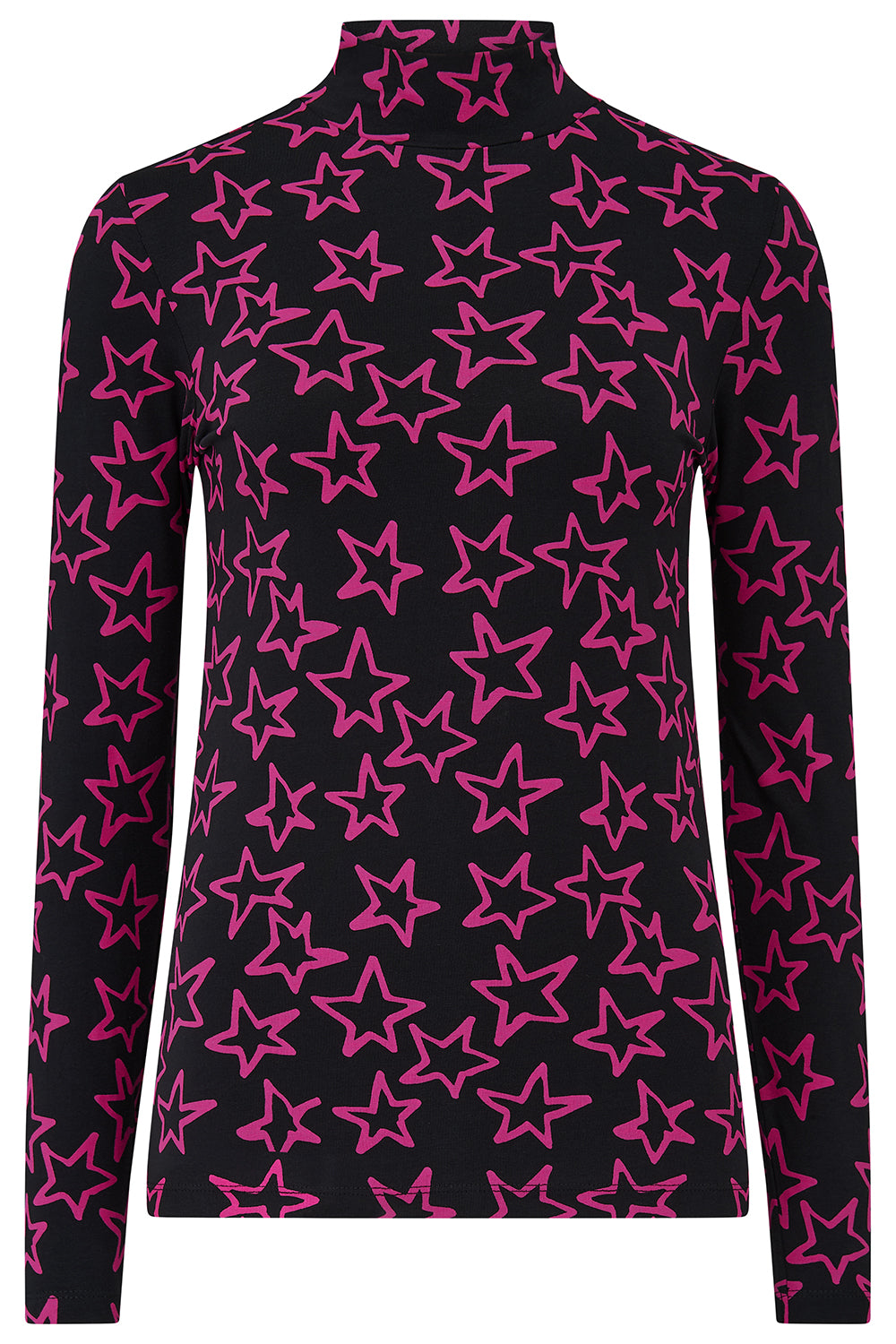 Black long-sleeve shirt with pink star pattern on a white background