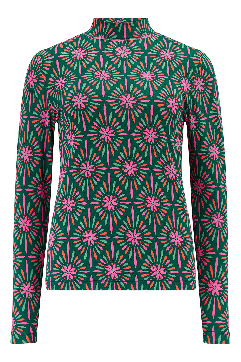 Long-sleeve top with a green and pink pattern on a white background