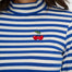 Blue and white striped shirt with a cherry design on a white background