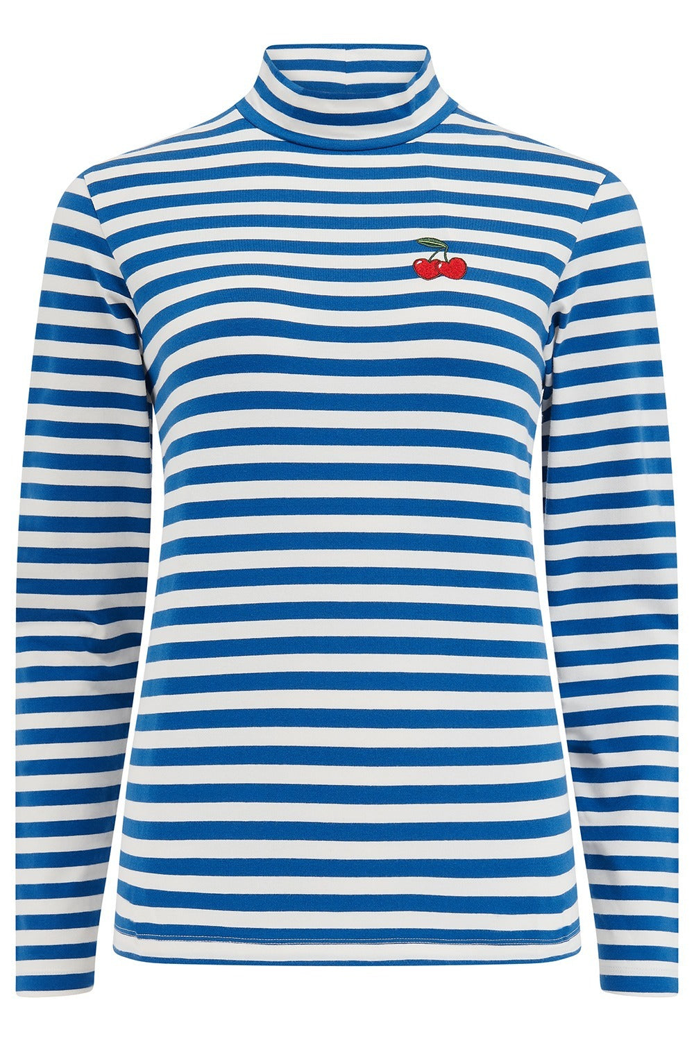 Blue and white striped long-sleeve shirt with a small red logo on a white background
