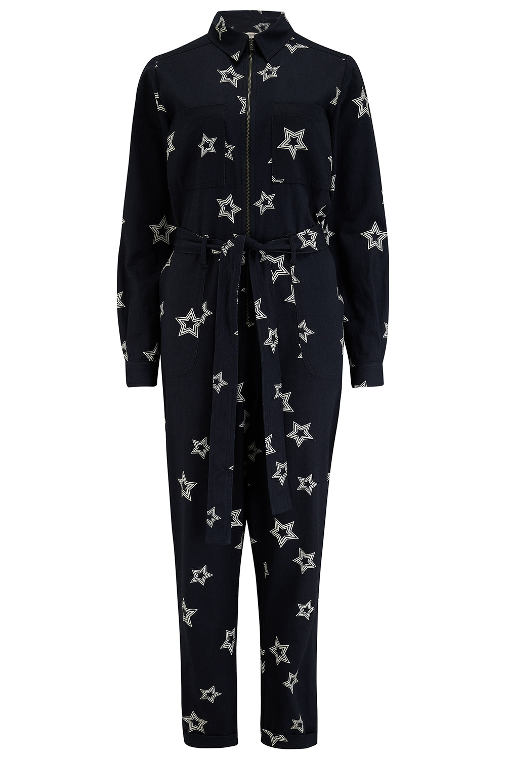 A boilersuit with a black base and white star pattern, featuring a full sleeve shirt upper, exposed front zip, and side pockets. 