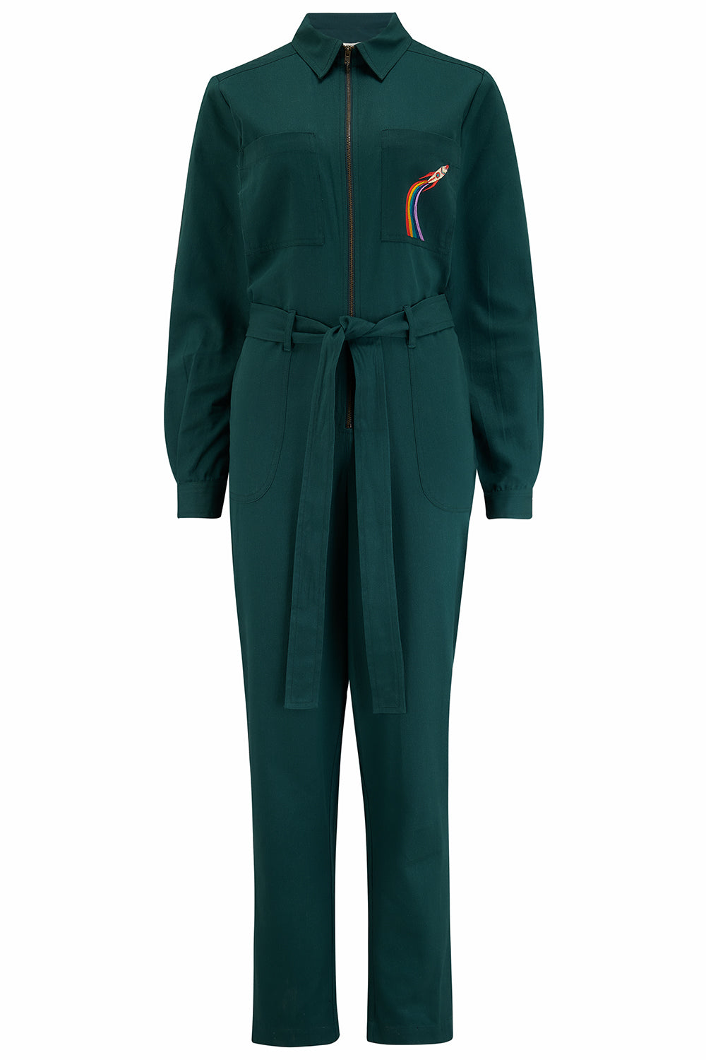 A green boilersuit with a rocket pocket embroidery