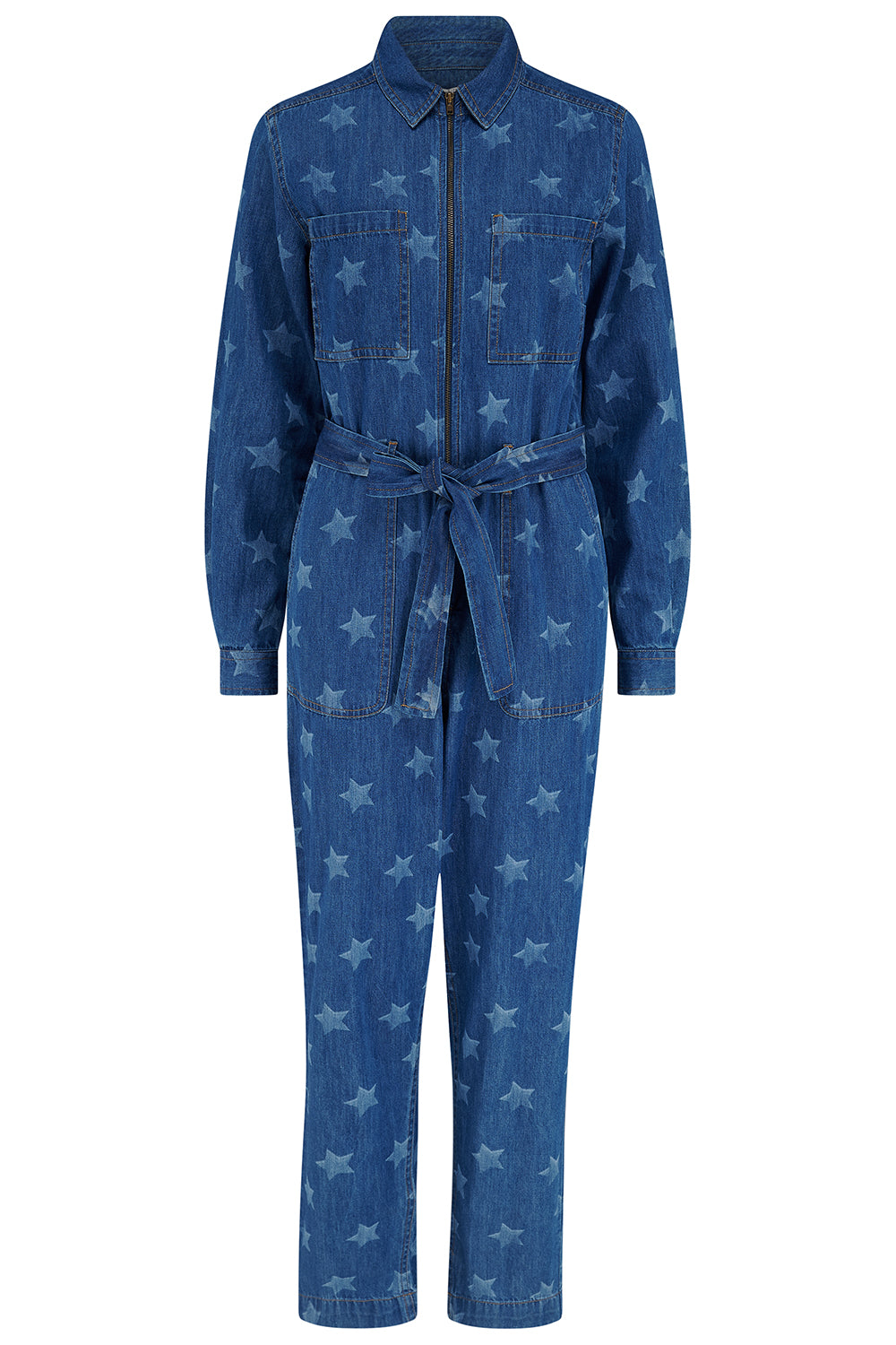 Blue denim outfit with star pattern on a white background