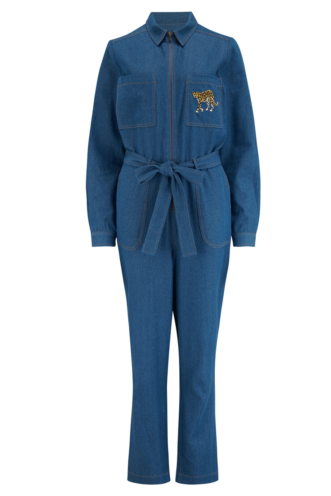 Blue jumpsuit with a belt and a small embroidered design on a white background