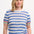 A woman wearing a blue and white striped knit top with rainbow tipping on the cuffs and hem, paired with a denim skirt.