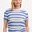 A woman wearing a blue and white striped knit top with rainbow tipping on the cuffs and hem, paired with a denim skirt.