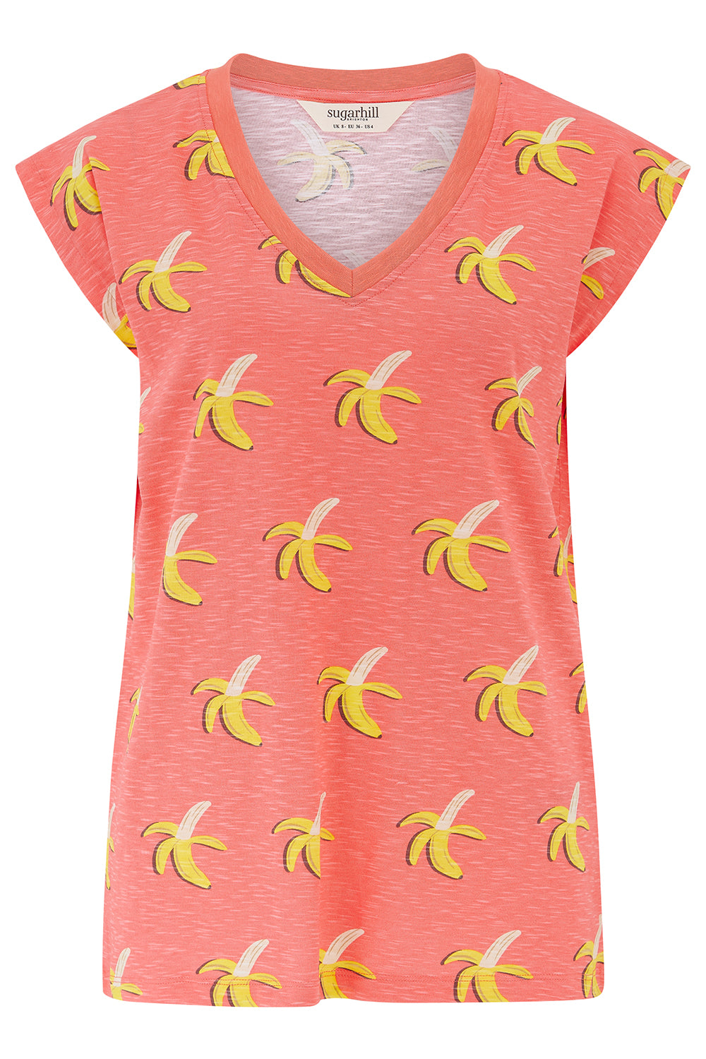 Pink t-shirt with banana pattern on a white background