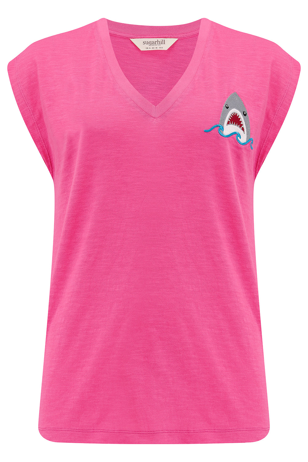 A pink v-neck tank top with a small shark graphic on the front.